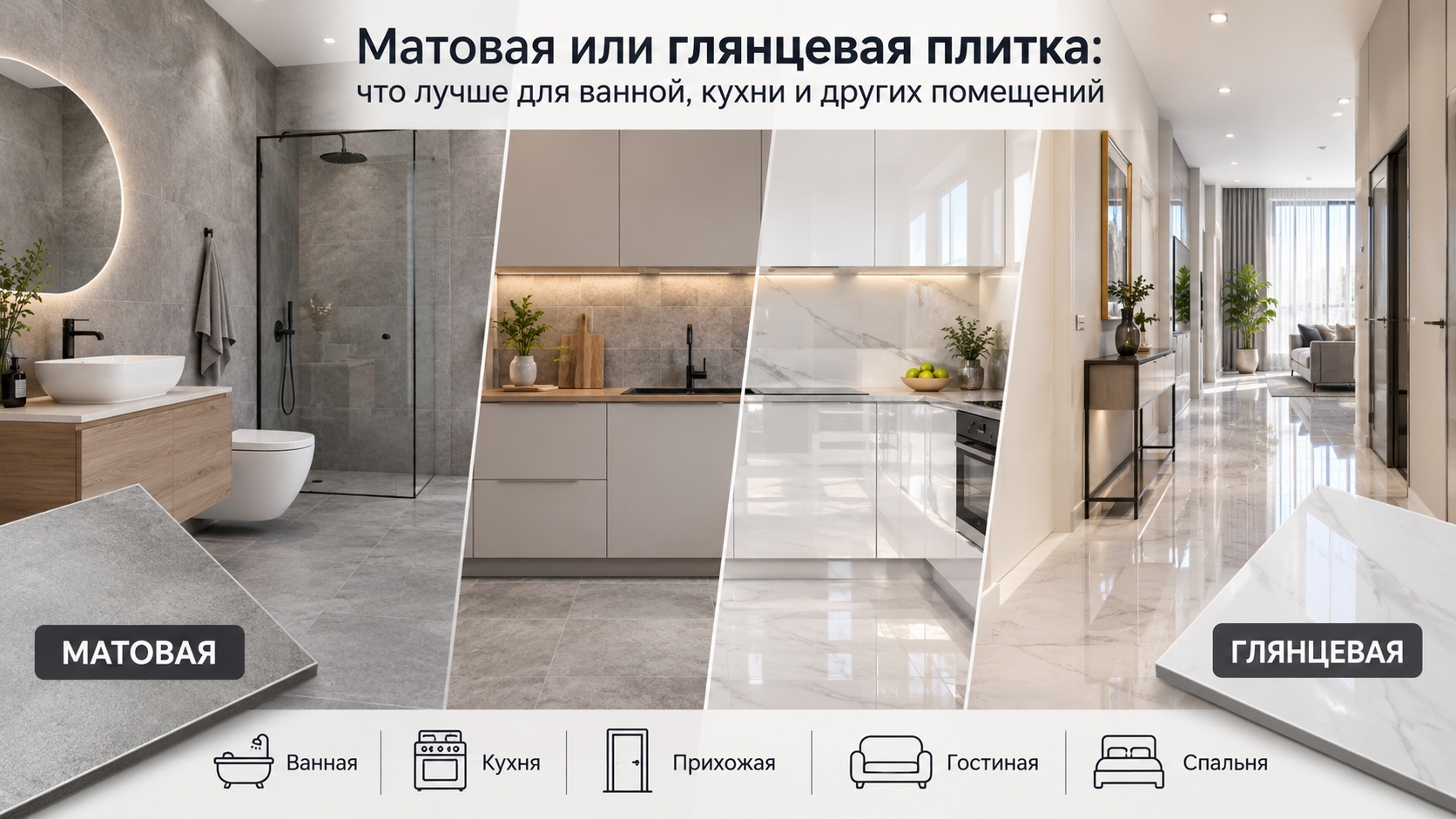 Матовая или глянцевая плитка: что лучше для ванной, кухни и других помещений